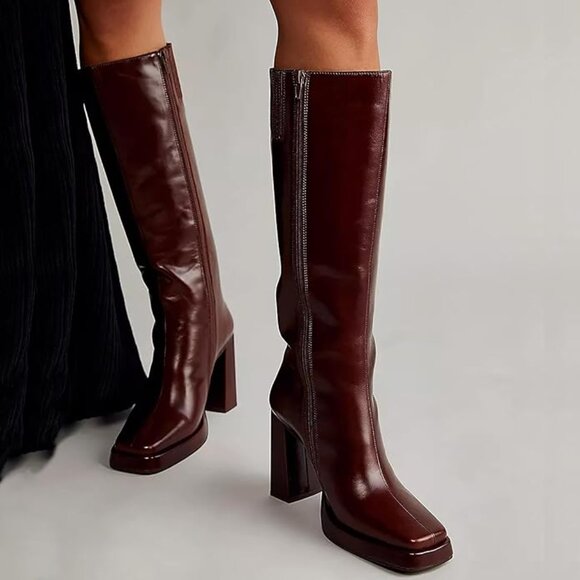 Dsevht Dark Red Leather Knee High Boots for Women Platform Chunky Block Heeled B - Picture 1 of 4
